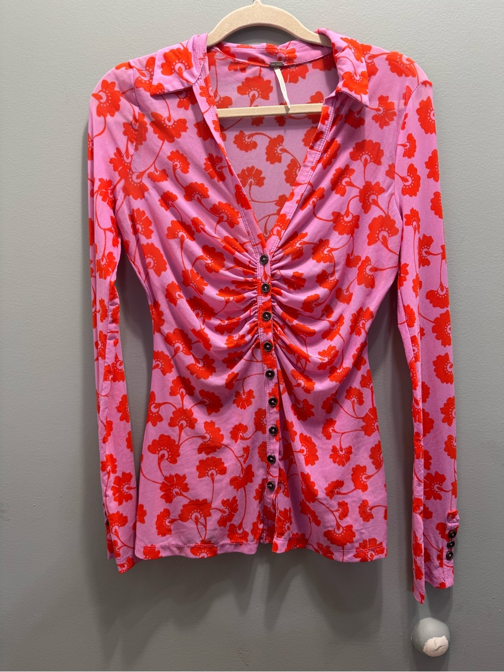 Free People Pink Long Sleeve Button-Front Top with Red Floral Print